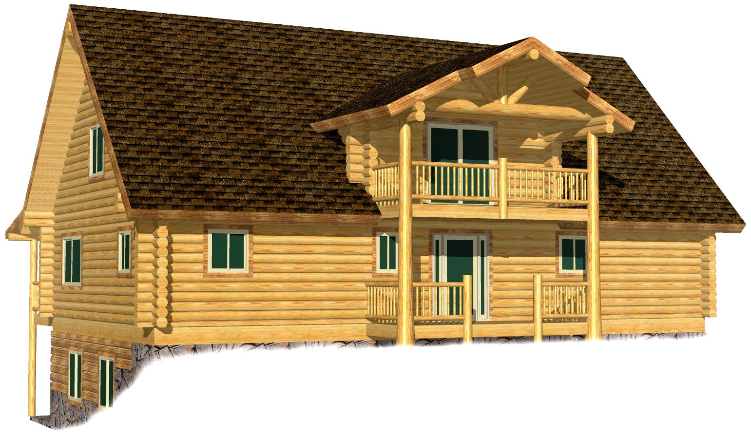 A 3D rendering of a log home cabin featuring a sloped roof, wooden pillars on the porch, and multiple windows.