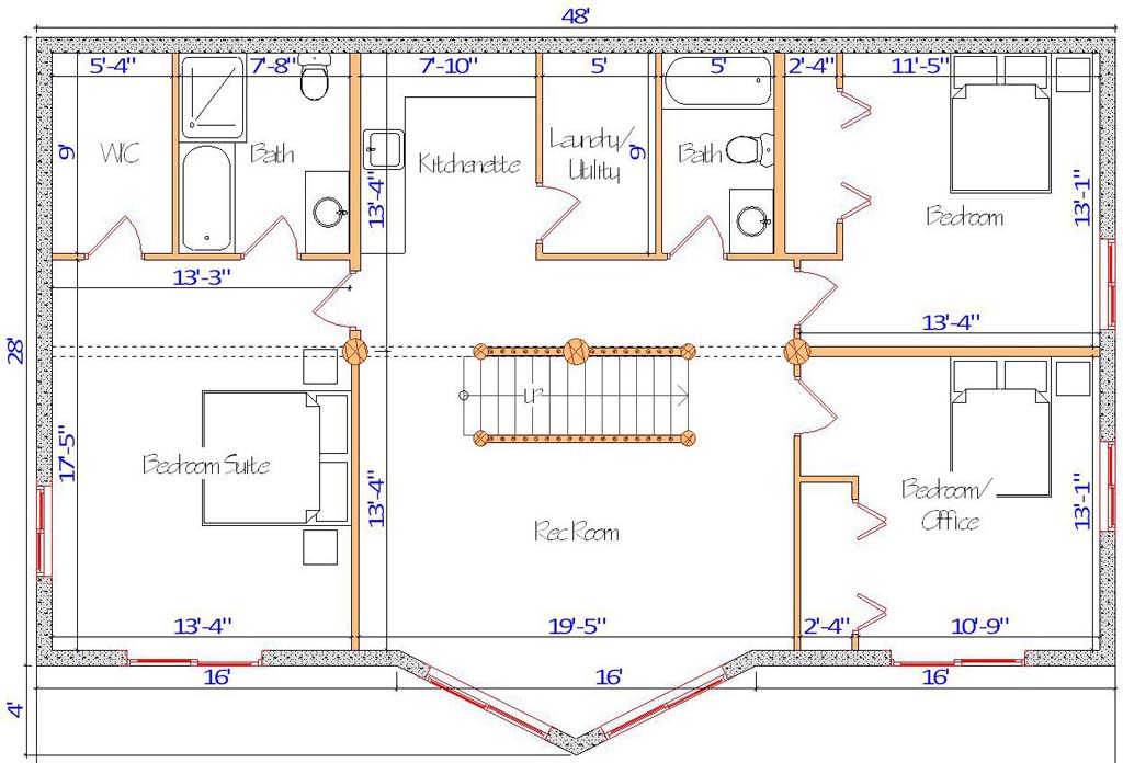 Floor plan of a log home layout showing various rooms including a master bedroom, guest room, living room, dining room, kitchen, and bathrooms with dimensions noted.