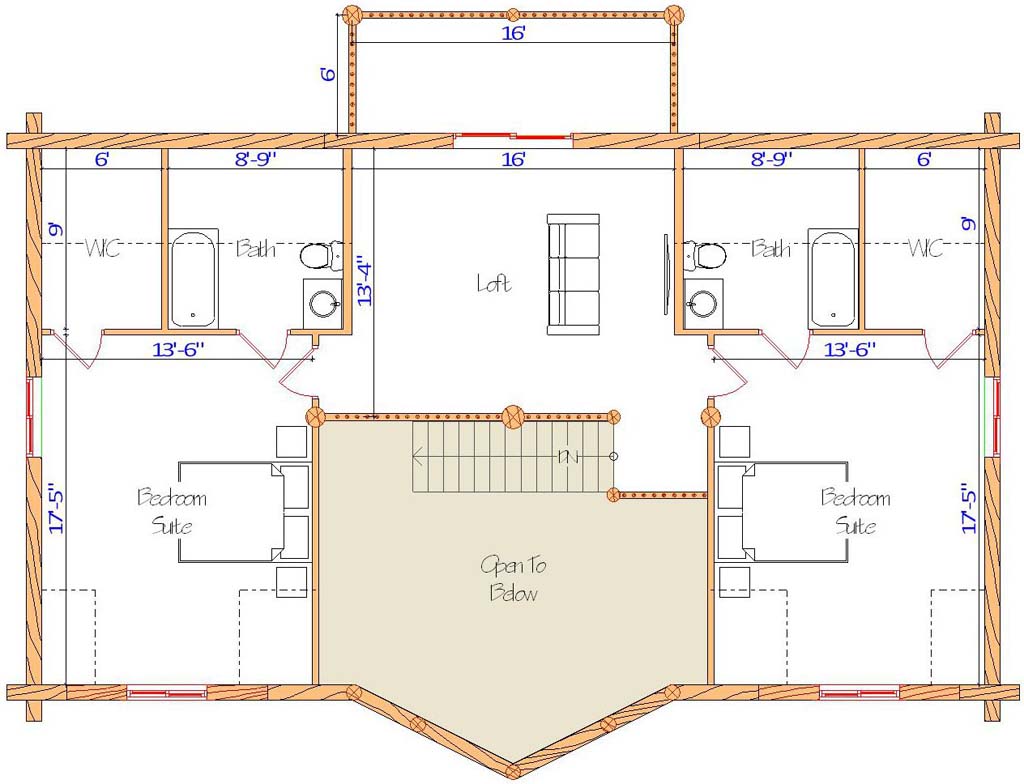 Floor plan of a log home layout showing various rooms including a master bedroom, guest room, living room, dining room, kitchen, and bathrooms with dimensions noted.