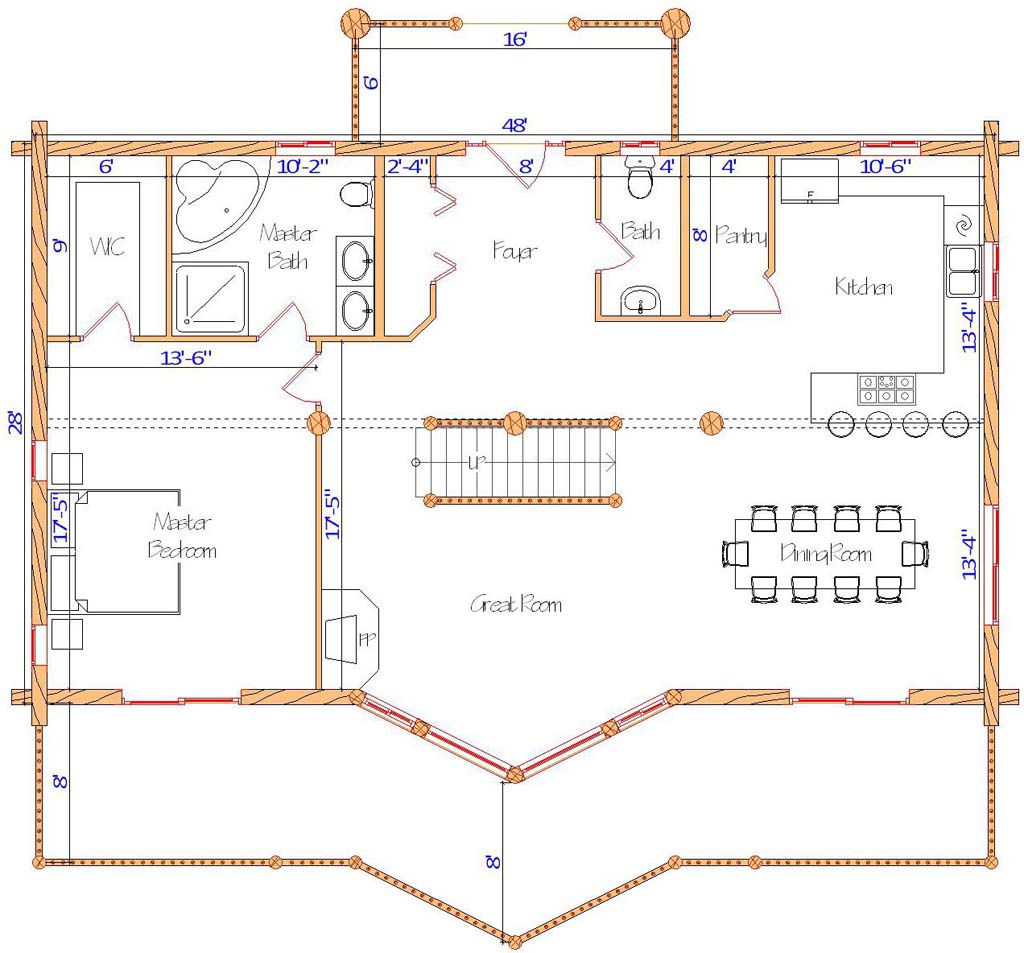 Floor plan of a log home layout showing various rooms including a master bedroom, guest room, living room, dining room, kitchen, and bathrooms with dimensions noted.