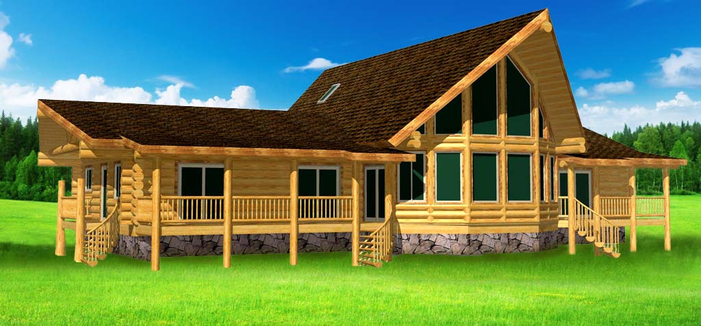 A large log home with a steeply pitched roof, featuring tall windows and a wraparound balcony, surrounded by trees.