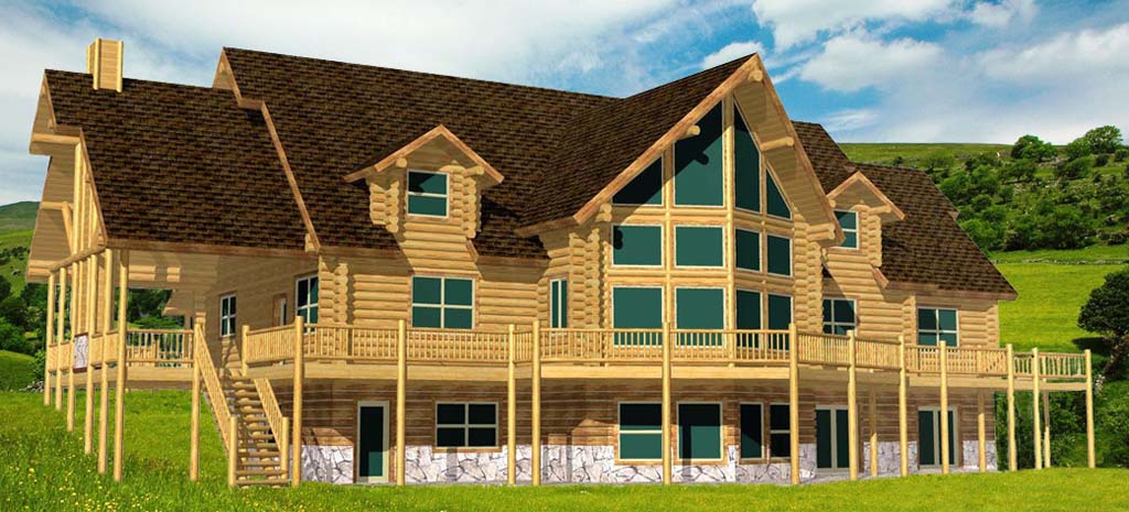 A large log home with a steeply pitched roof, featuring tall windows and a wraparound balcony, surrounded by trees.
