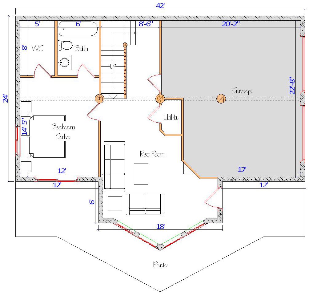 Floor plan of a log home layout showing various rooms including a master bedroom, guest room, living room, dining room, kitchen, and bathrooms with dimensions noted.