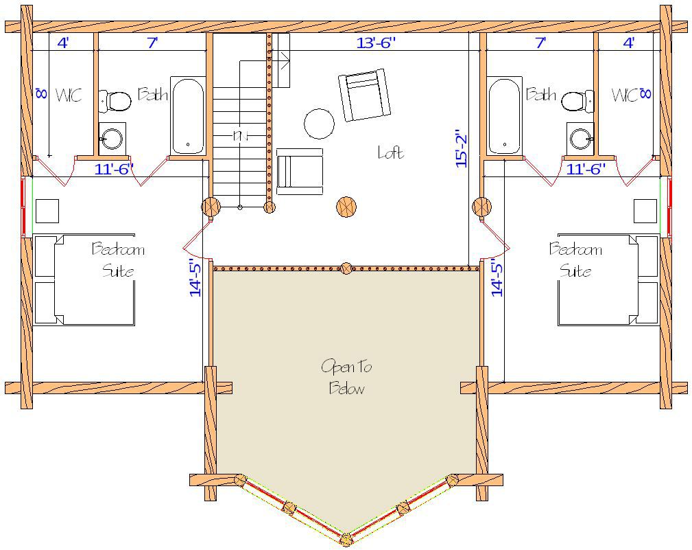 Floor plan of a log home layout showing various rooms including a master bedroom, guest room, living room, dining room, kitchen, and bathrooms with dimensions noted.