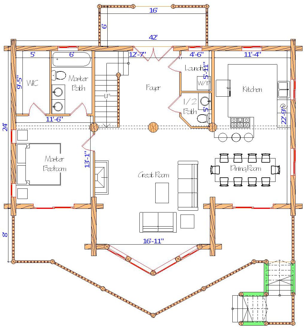 Floor plan of a log home layout showing various rooms including a master bedroom, guest room, living room, dining room, kitchen, and bathrooms with dimensions noted.