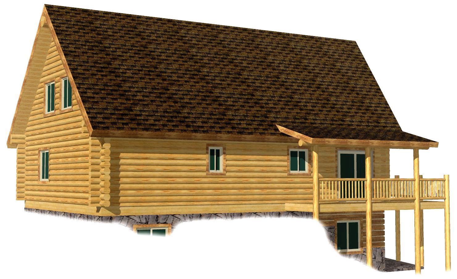 A 3D rendering of a log home cabin featuring a sloped roof, wooden pillars on the porch, and multiple windows.