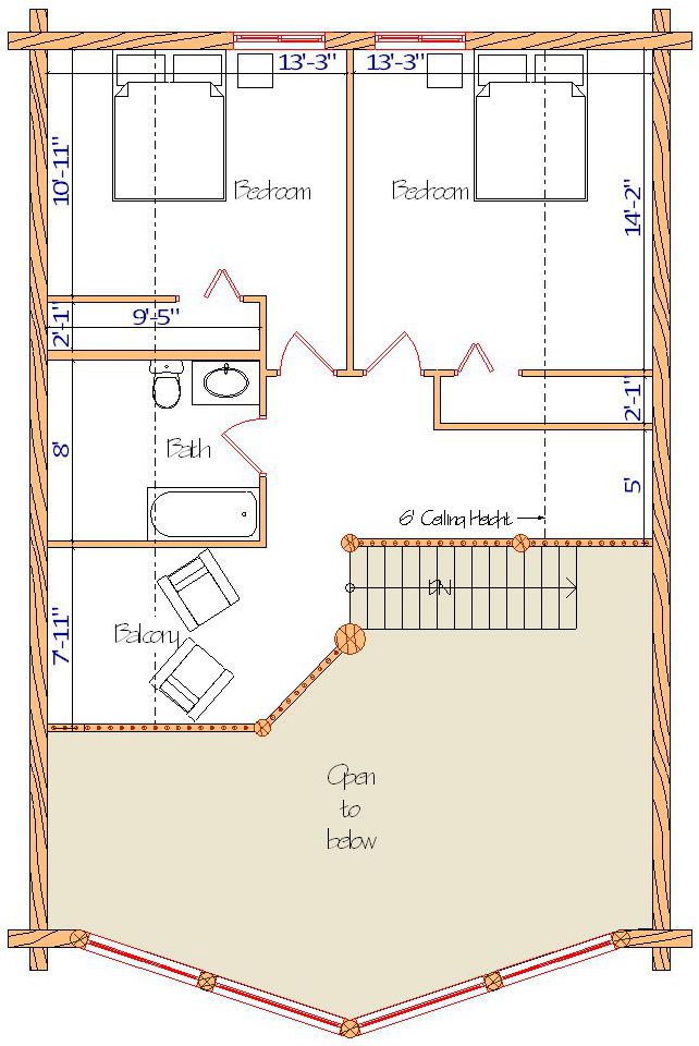 Floor plan of a log home layout showing various rooms including a master bedroom, guest room, living room, dining room, kitchen, and bathrooms with dimensions noted.