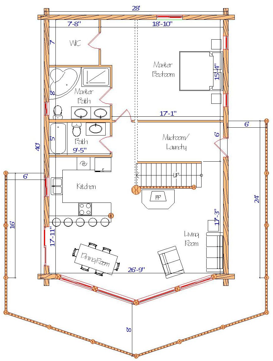 Floor plan of a log home layout showing various rooms including a master bedroom, guest room, living room, dining room, kitchen, and bathrooms with dimensions noted.