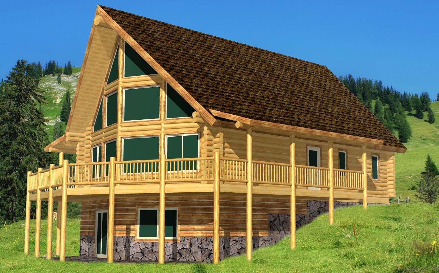 A 3D rendering of large log home with a steeply pitched roof, green windows, and a surrounding wooden deck, situated in a grassy area with trees in the background.