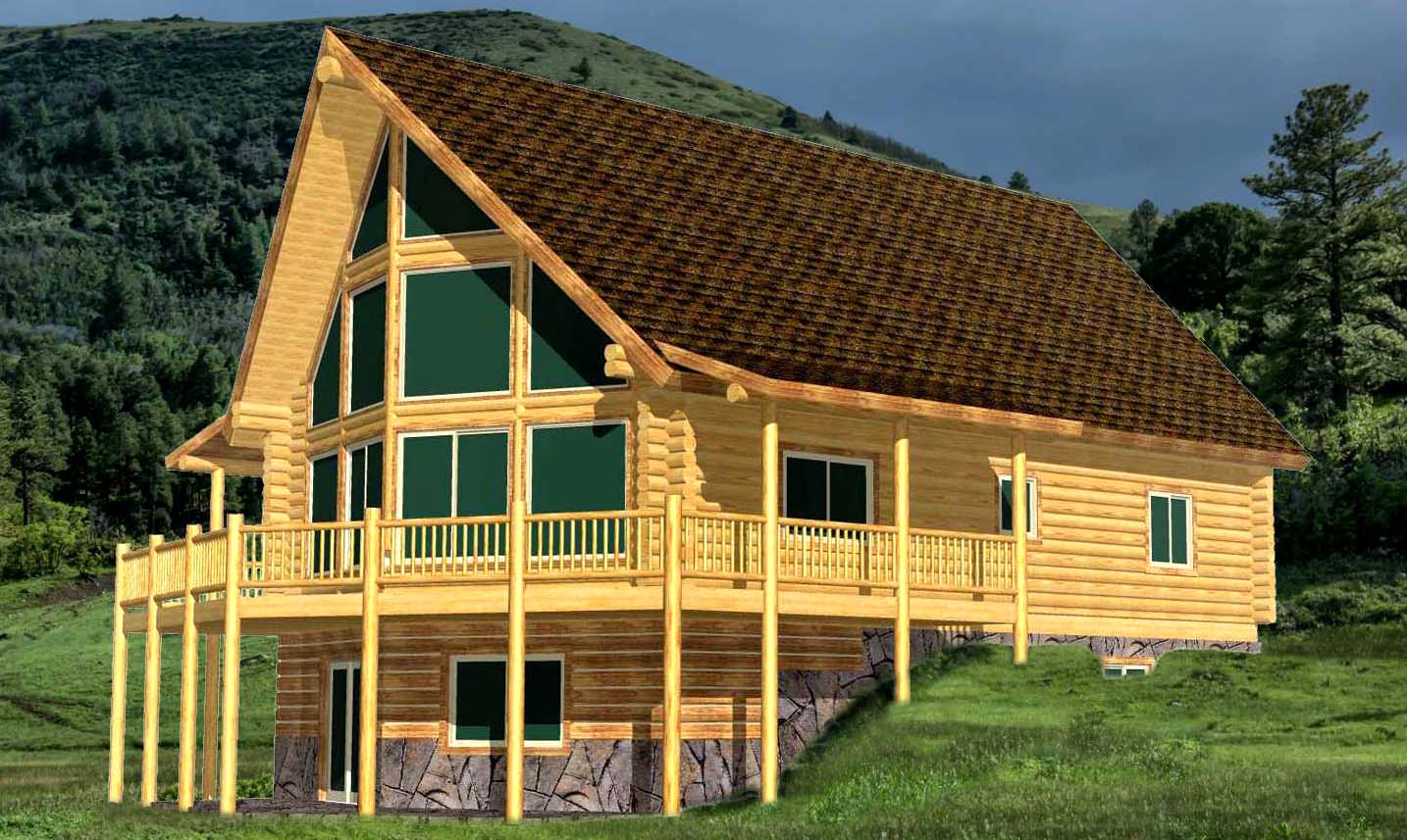 A 3D rendering of large log home with a steeply pitched roof, green windows, and a surrounding wooden deck, situated in a grassy area with trees in the background.