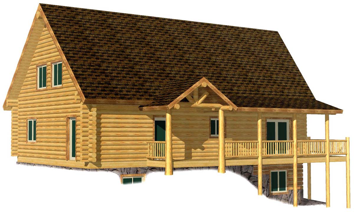 A 3D rendering of a log home cabin featuring a sloped roof, wooden pillars on the porch, and multiple windows.