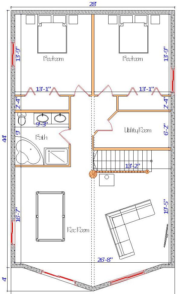 Floor plan of a log home layout showing various rooms including a master bedroom, guest room, living room, dining room, kitchen, and bathrooms with dimensions noted.