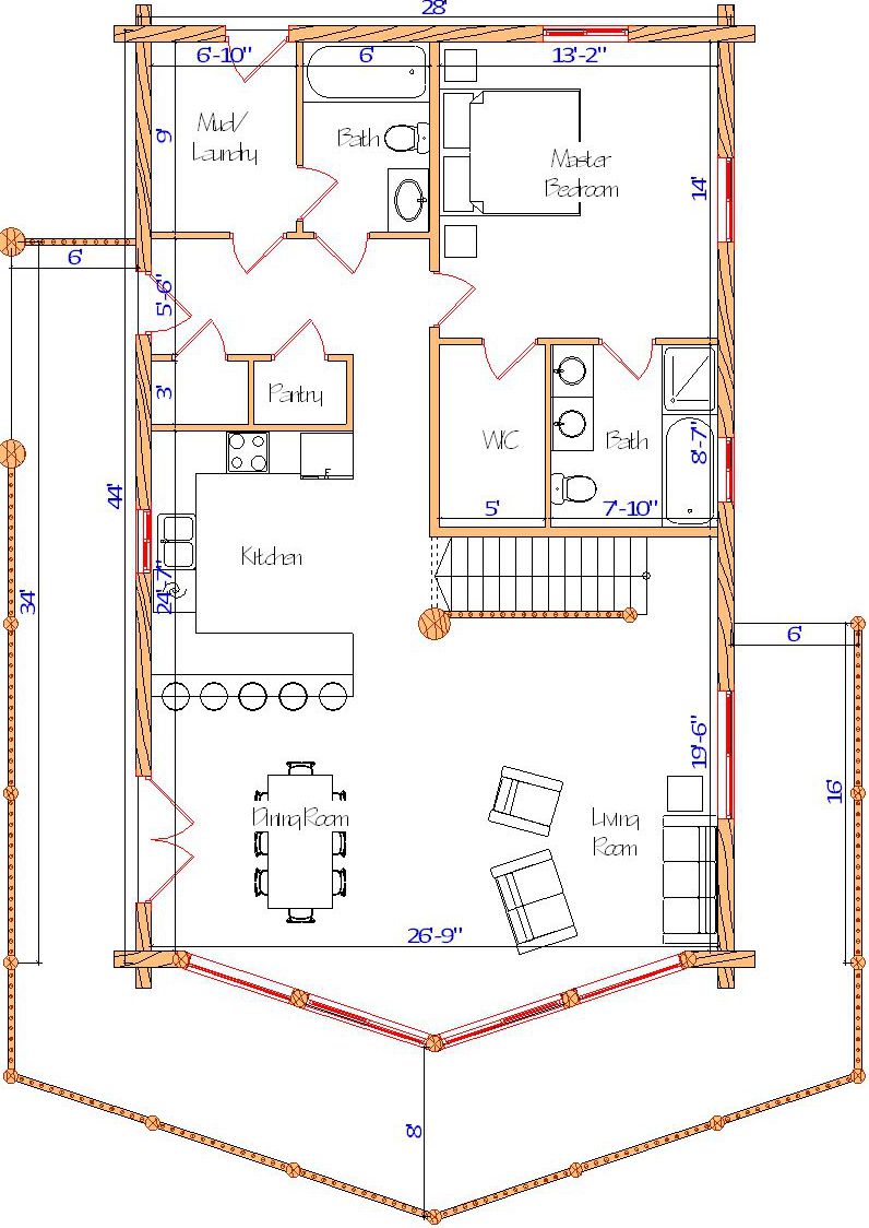 Floor plan of a log home layout showing various rooms including a master bedroom, guest room, living room, dining room, kitchen, and bathrooms with dimensions noted.