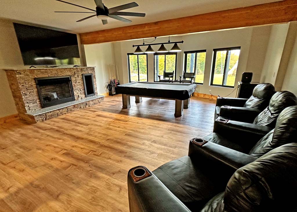 TV rec room media center log cabin basement