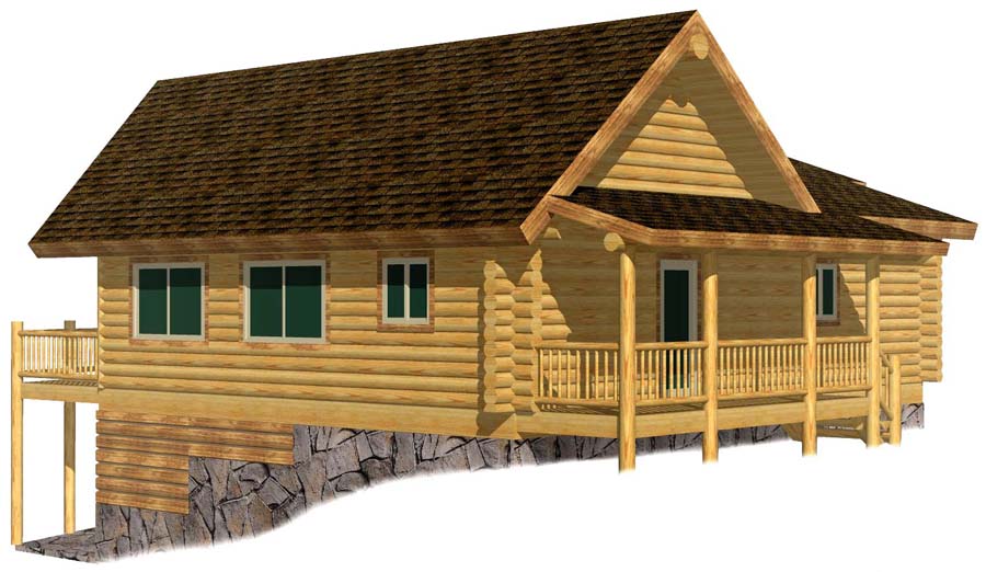 A 3D rendering of a log home cabin featuring a sloped roof, wooden pillars on the porch, and multiple windows.