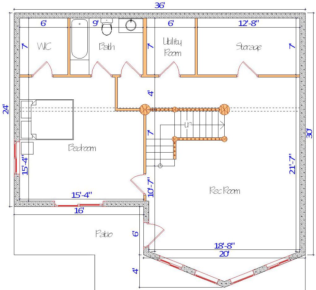 Floor plan of a log home layout showing various rooms including a master bedroom, guest room, living room, dining room, kitchen, and bathrooms with dimensions noted.