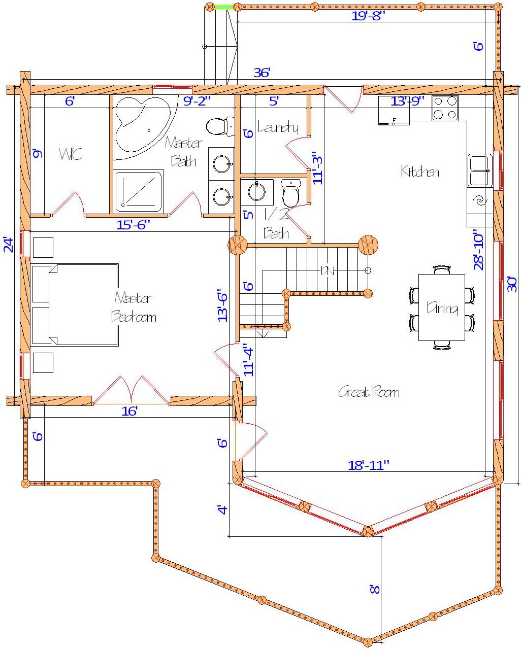 Floor plan of a log home layout showing various rooms including a master bedroom, guest room, living room, dining room, kitchen, and bathrooms with dimensions noted.