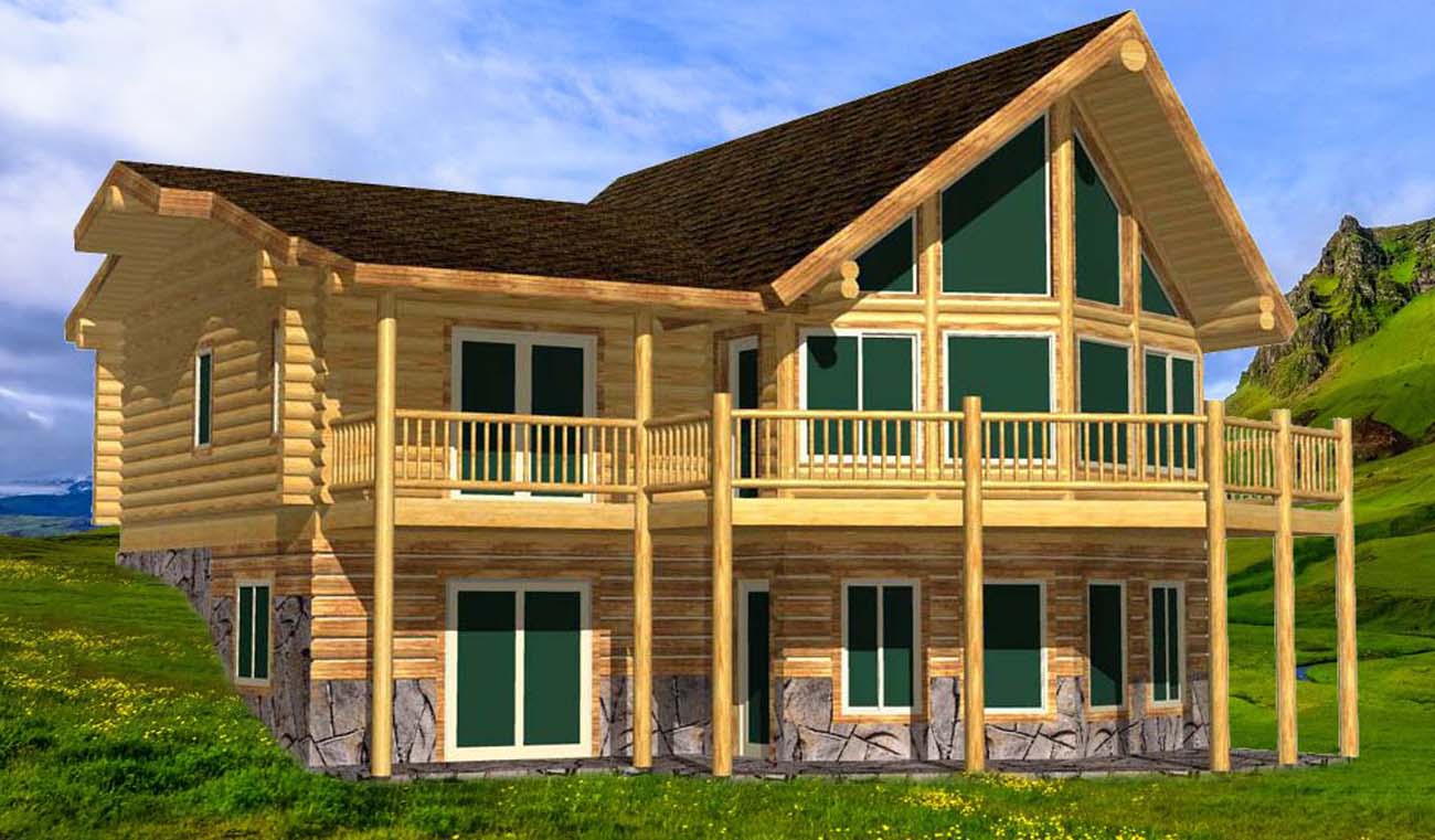 A large, two-story log home cabin with multiple balconies, featuring a combination of wooden and stone materials. The exterior has green windows and is situated in a lush green landscape with a scenic background.