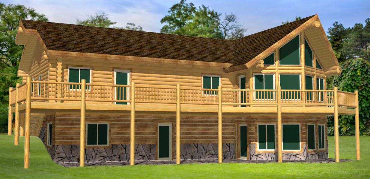 A large log home with a steeply pitched roof, featuring tall windows and a wraparound balcony, surrounded by trees.