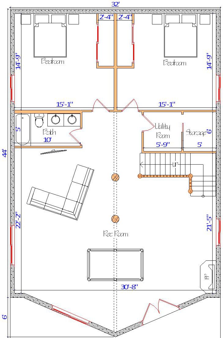 Floor plan of a log home layout showing various rooms including a master bedroom, guest room, living room, dining room, kitchen, and bathrooms with dimensions noted.