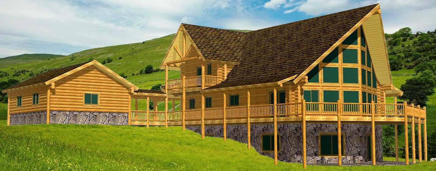 A large log home with a steeply pitched roof, featuring tall windows and a wraparound balcony, surrounded by trees.