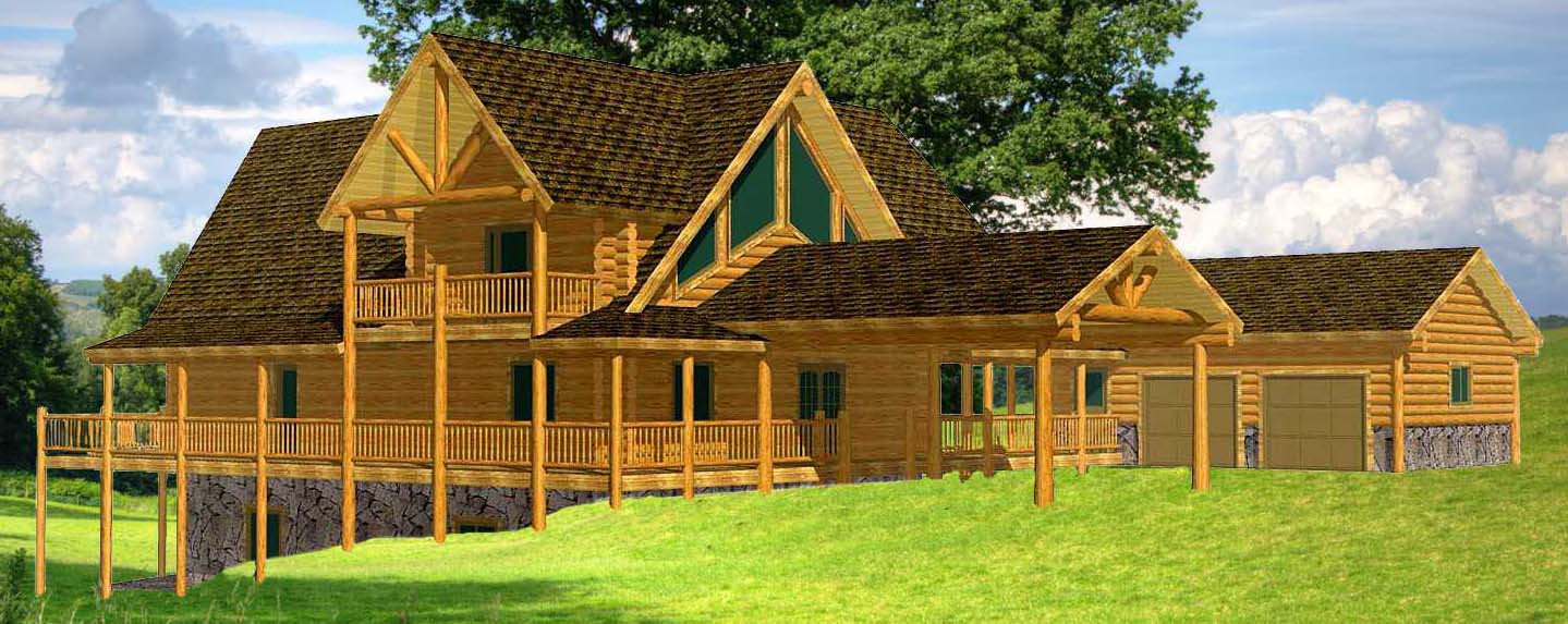 A 3D rendering of large log home with a steeply pitched roof, green windows, and a surrounding wooden deck, situated in a grassy area with trees in the background.