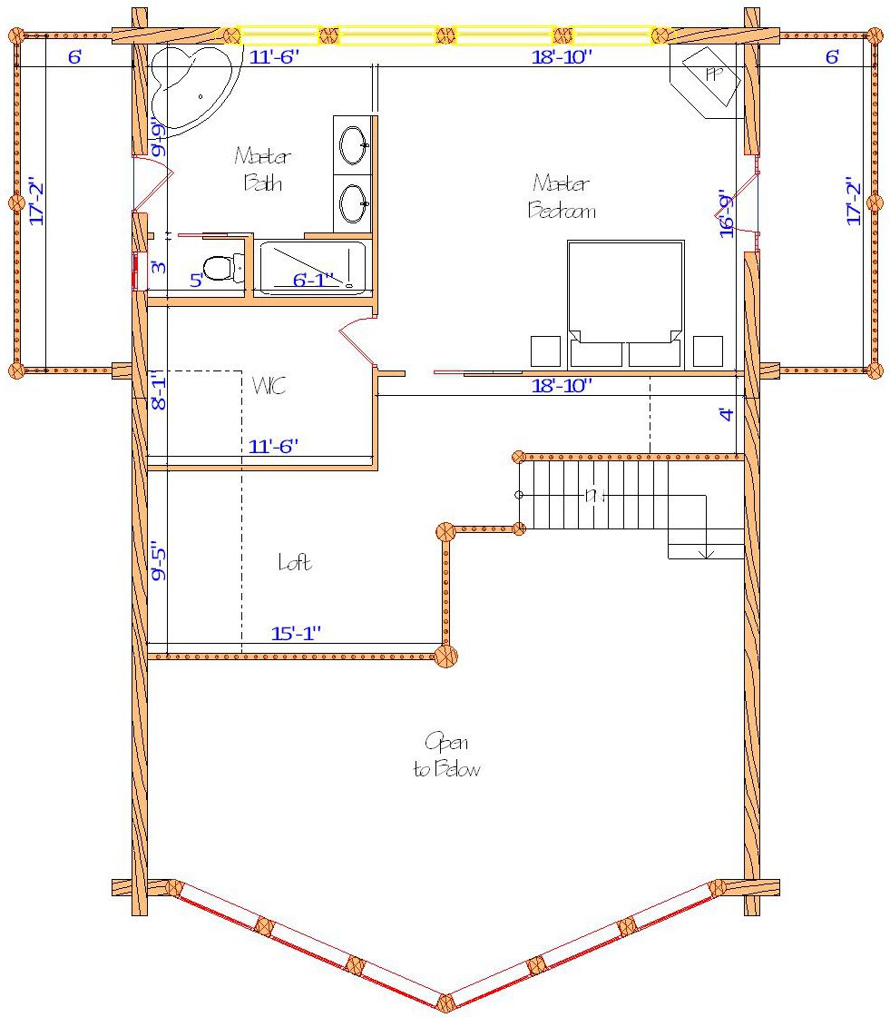 Floor plan of a log home layout showing various rooms including a master bedroom, guest room, living room, dining room, kitchen, and bathrooms with dimensions noted.