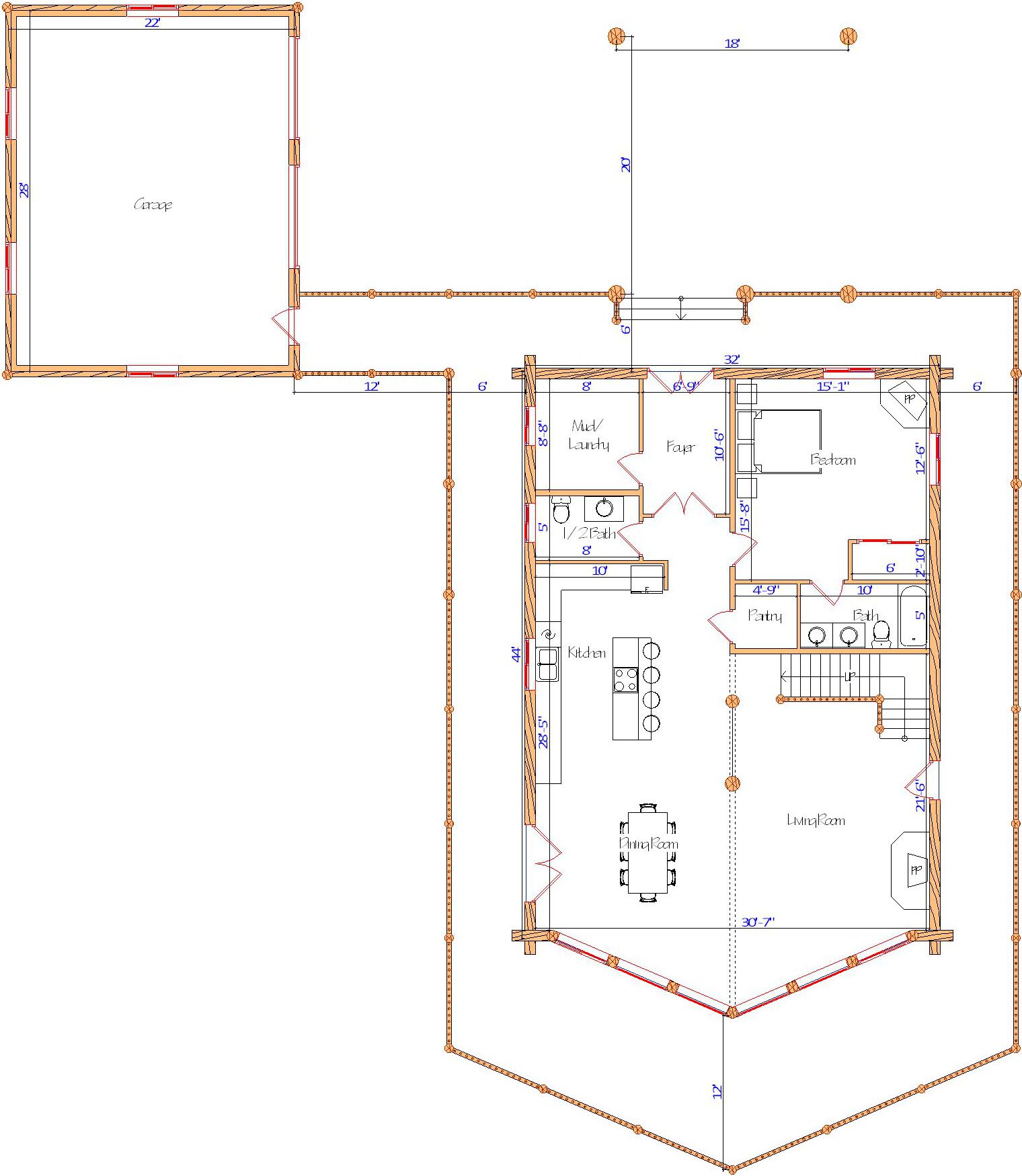 Floor plan of a log home layout showing various rooms including a master bedroom, guest room, living room, dining room, kitchen, and bathrooms with dimensions noted.