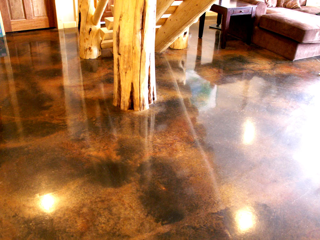 Polished concrete floor in modern rustic living room setting