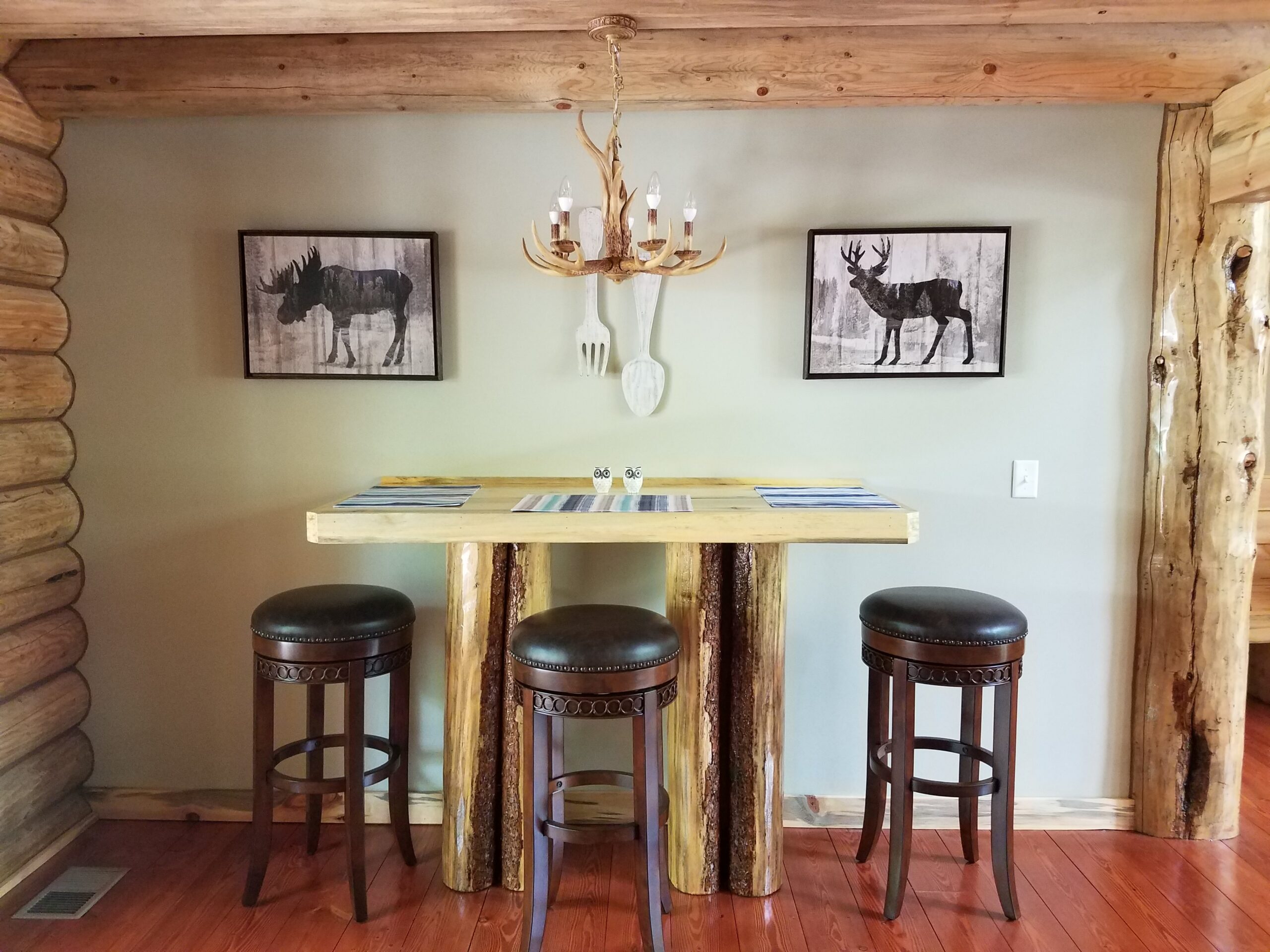 Rustic log cabin dining area with wooden stools and decor