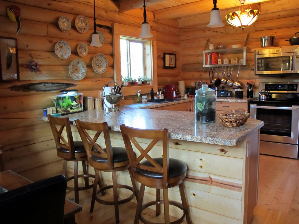 A cozy log home kitchen featuring wooden logs for walls, a granite countertop with bar stools, and various kitchen appliances. The room is decorated with plates on the wall and has a warm ambiance from natural light coming through the window.