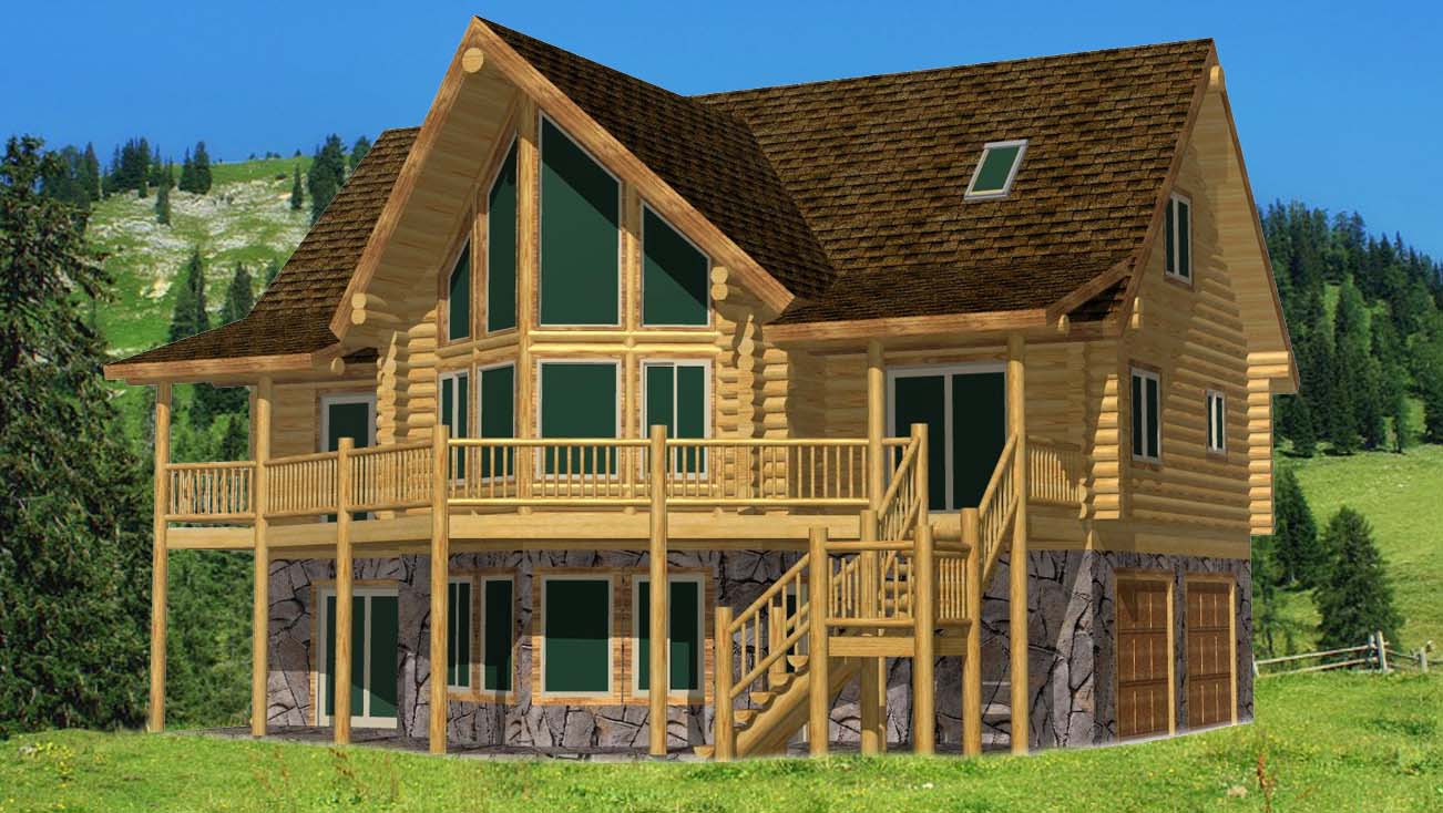 A large log home with a steeply pitched roof, featuring tall windows and a wraparound balcony, surrounded by trees.