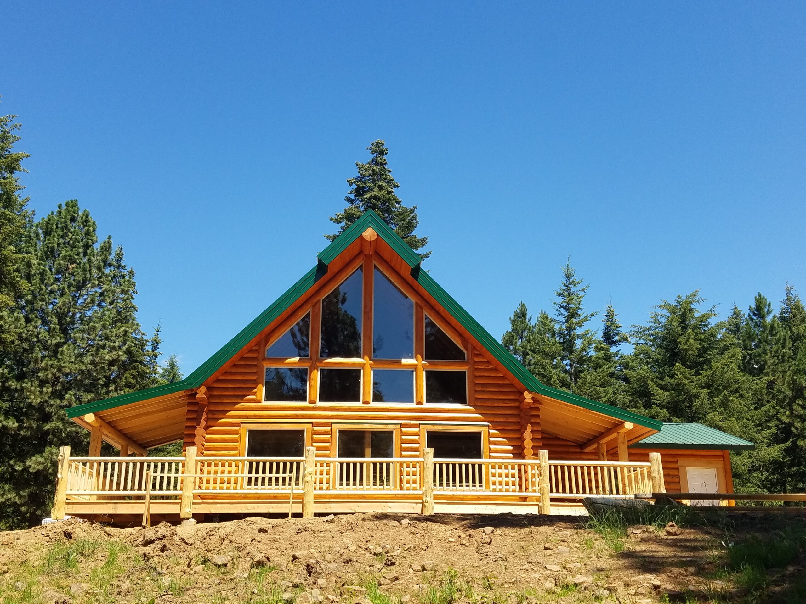 A-frame log cabin with green roof surrounded by pine trees