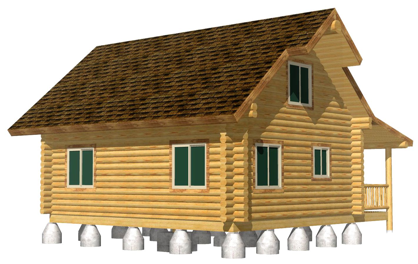 Log cabin on support columns with pitched roof and green windows
