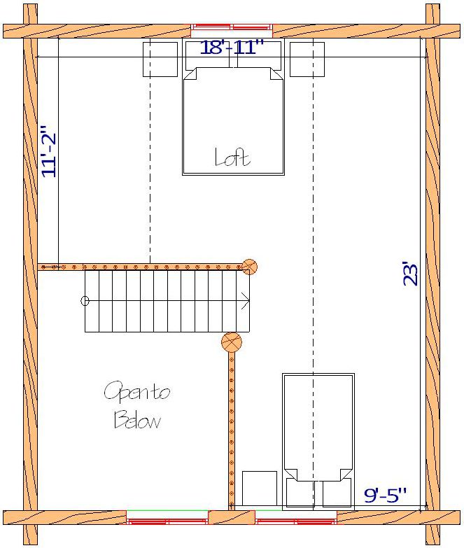 Floor plan of a log home layout showing various rooms including a master bedroom, guest room, living room, dining room, kitchen, and bathrooms with dimensions noted.