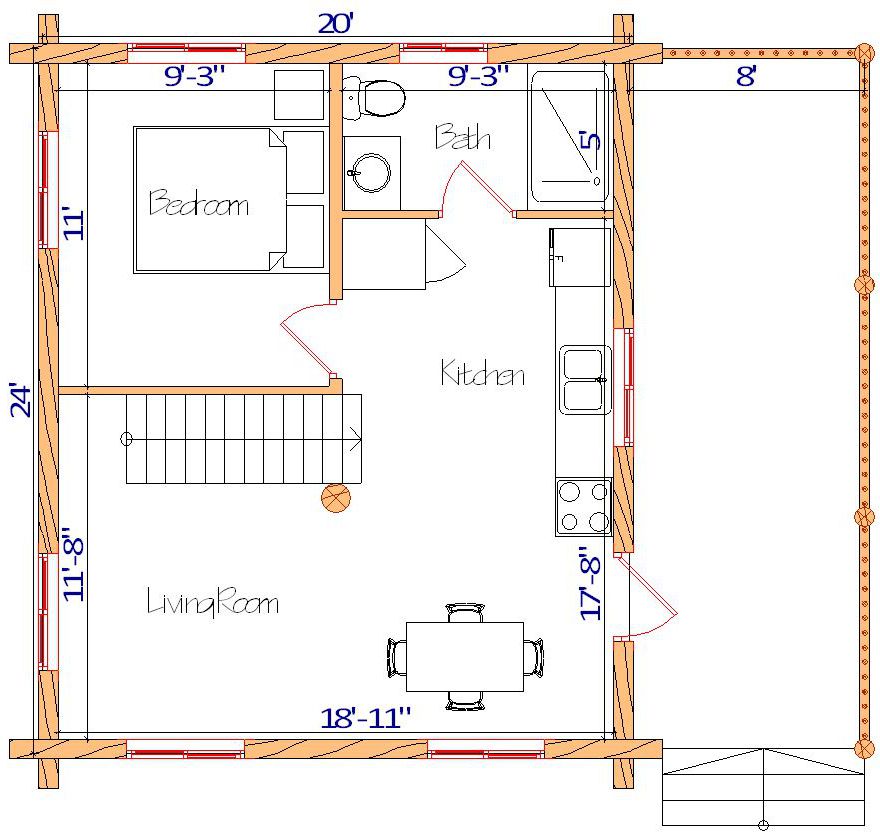 Floor plan of a log home layout showing various rooms including a master bedroom, guest room, living room, dining room, kitchen, and bathrooms with dimensions noted.