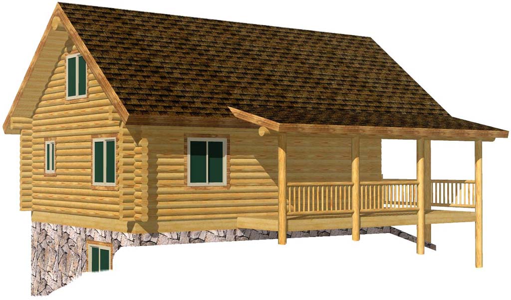 Two-story rustic log cabin with stone foundation and porch