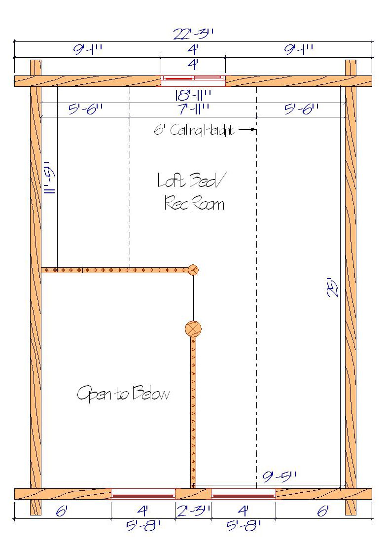 Floor plan of a log home layout showing various rooms including a master bedroom, guest room, living room, dining room, kitchen, and bathrooms with dimensions noted.