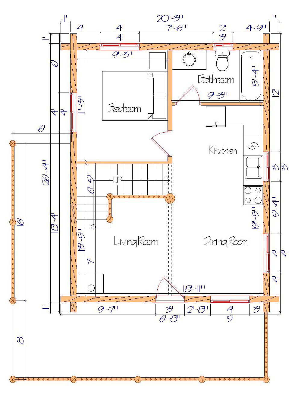 Floor plan of a log home layout showing various rooms including a master bedroom, guest room, living room, dining room, kitchen, and bathrooms with dimensions noted.