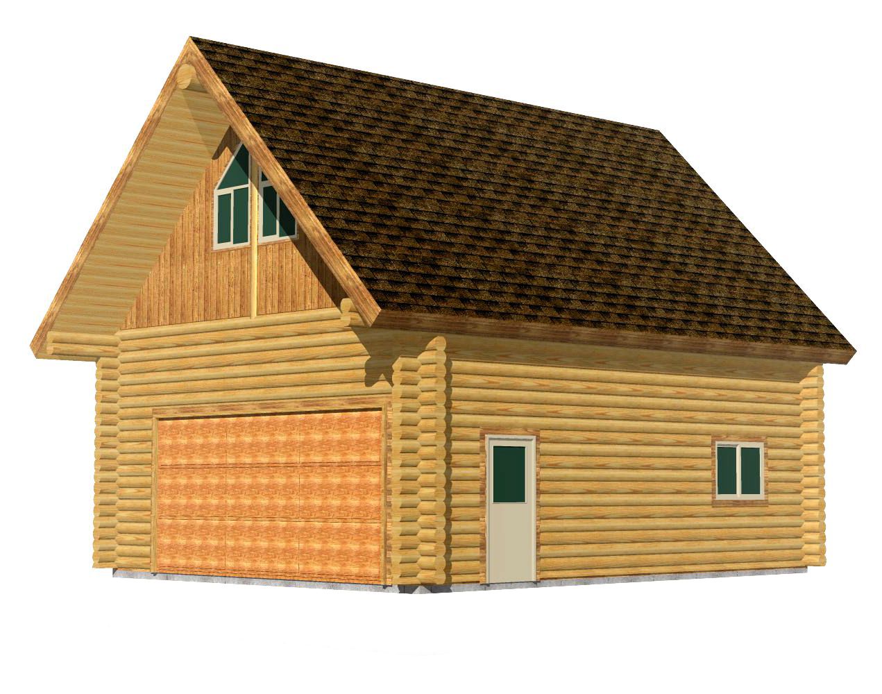 Wooden cabin with triangular roof and three green windows