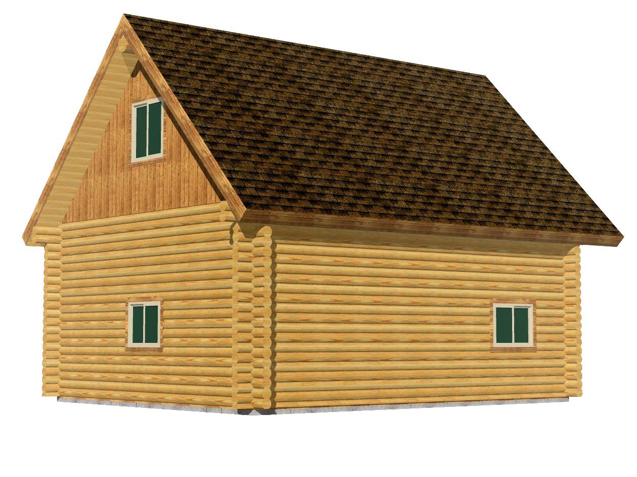 Wooden cabin with triangular roof and three green windows