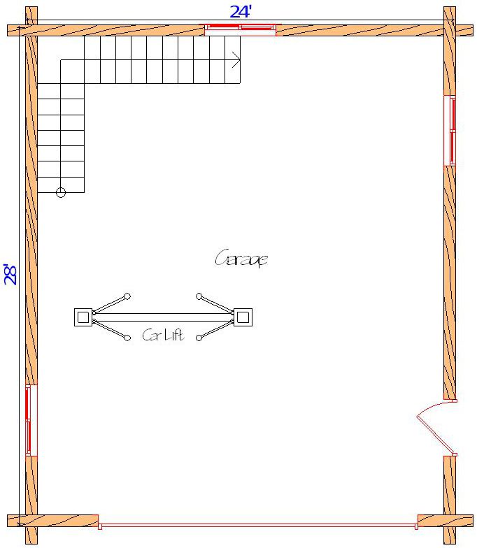Blueprint of a garage with car lift and staircase design