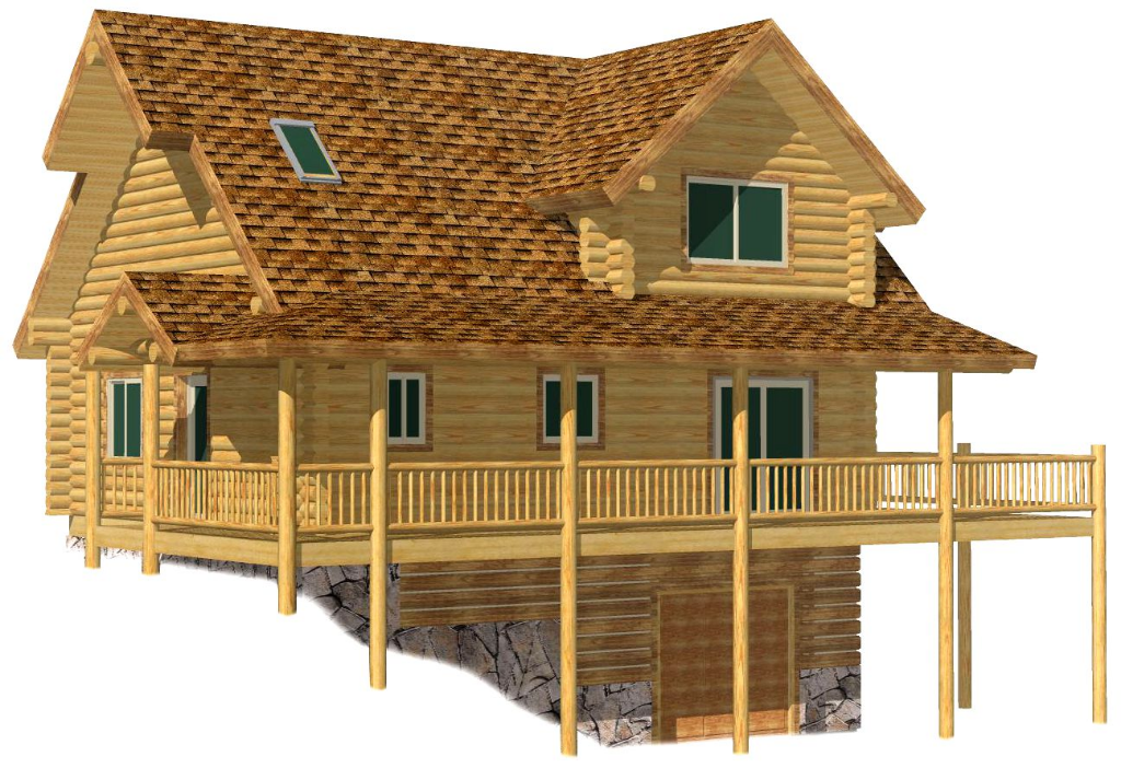 Log cabin with wooden deck and pitched roof design