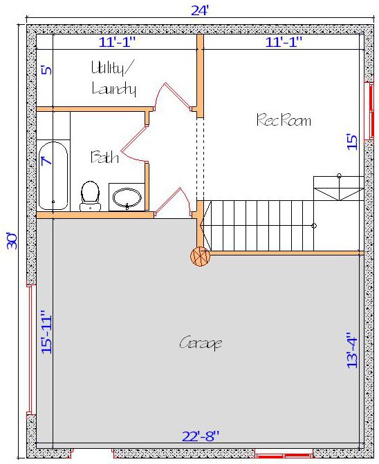Basement floor plan with utility bath garage and rec room