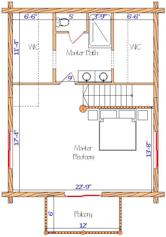 Floor plan of a log home layout showing various rooms including a master bedroom, guest room, living room, dining room, kitchen, and bathrooms with dimensions noted.