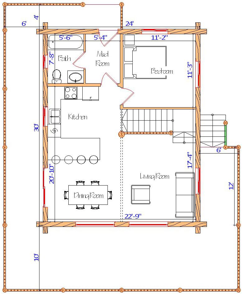 Floor plan of a log home layout showing various rooms including a master bedroom, guest room, living room, dining room, kitchen, and bathrooms with dimensions noted.
