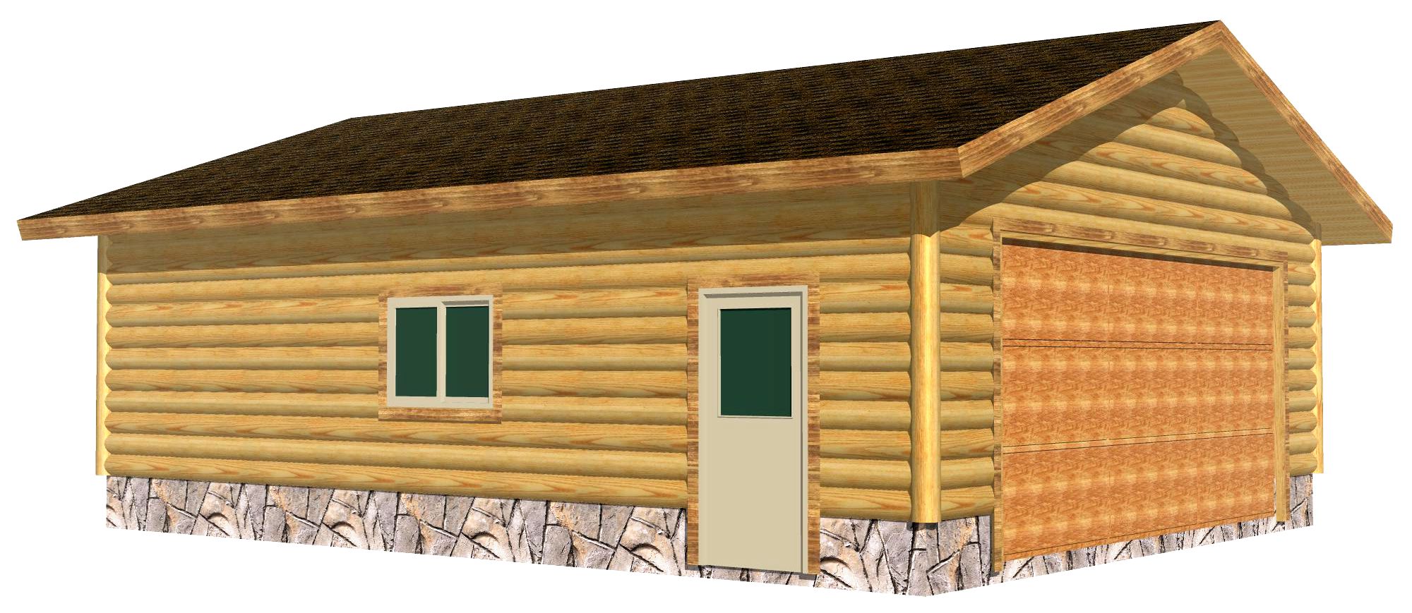 Wooden garage with log siding and gable roof design.