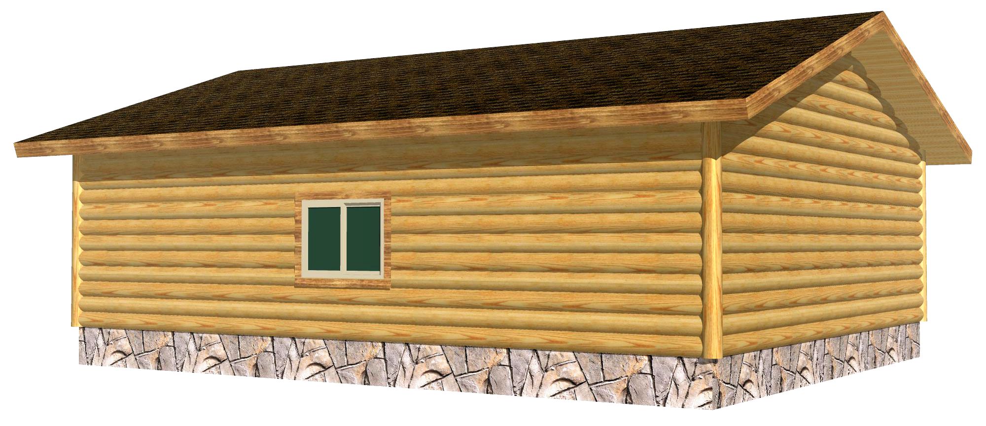 Wooden cabin design with a stone foundation and window detail
