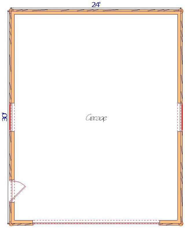 Blueprint of a 24 by 30 garage layout with door placement