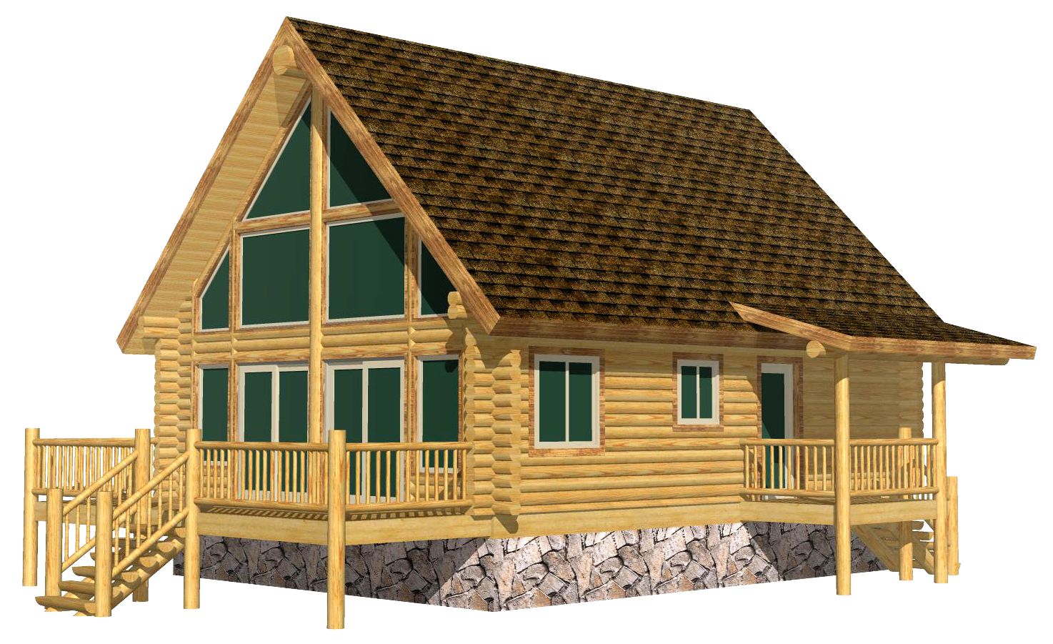 Cozy wooden cabin with large windows and stone foundation